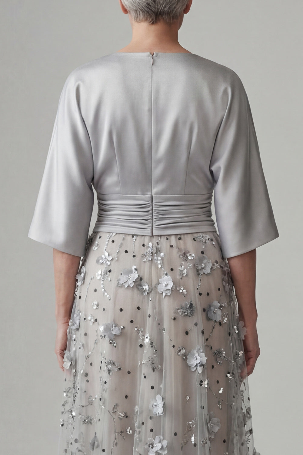 A Line Floral Sparkly Silver Sequin Long Mother of the Bride Dress
