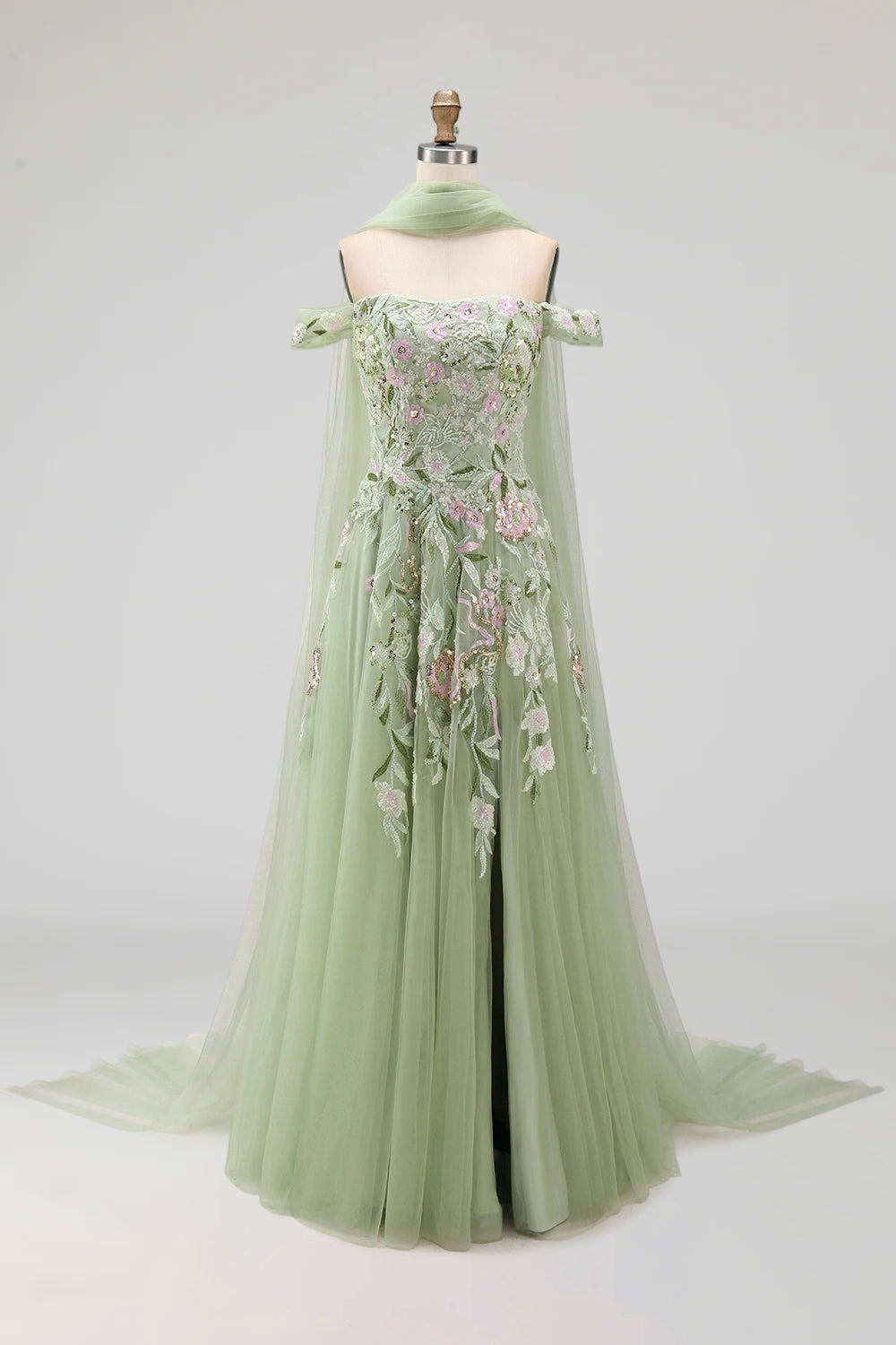 A Line Floral Dusty Sage Neck Scarf Long Prom Dress with Slit