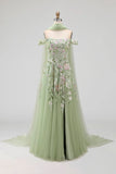A Line Floral Dusty Sage Neck Scarf Long Prom Dress with Slit