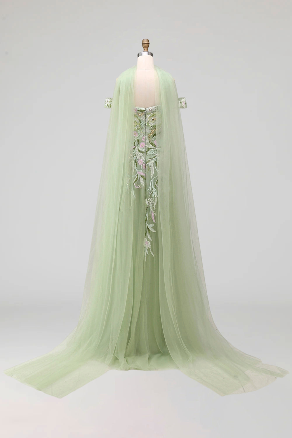 A Line Floral Dusty Sage Neck Scarf Long Prom Dress with Slit
