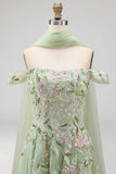 A Line Floral Dusty Sage Neck Scarf Long Prom Dress with Slit
