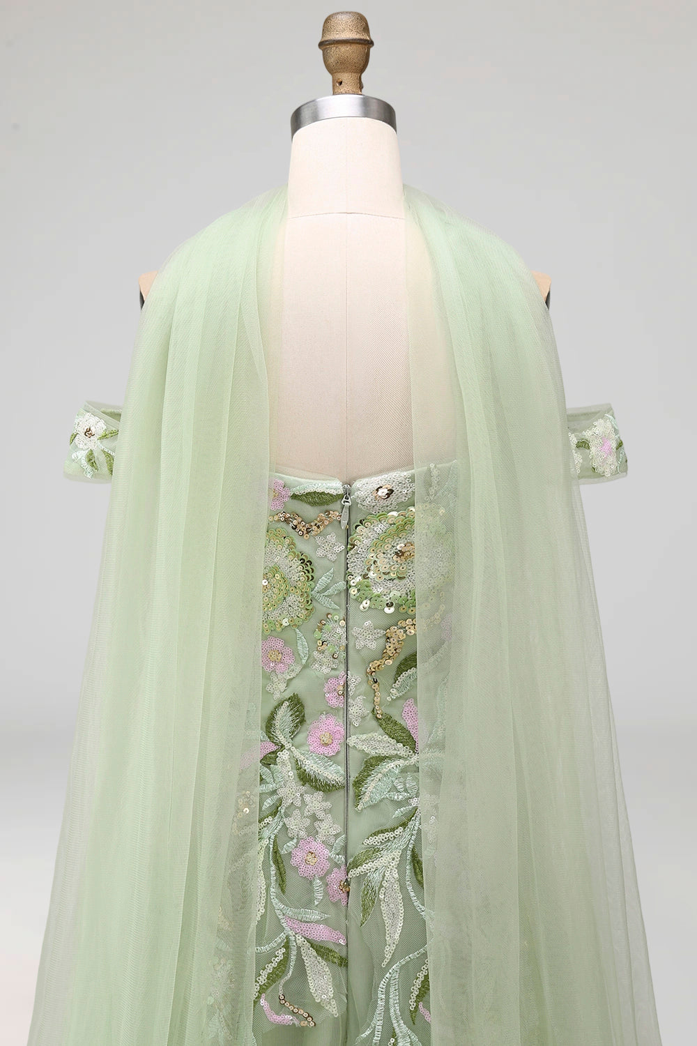 A Line Floral Dusty Sage Neck Scarf Long Prom Dress with Slit