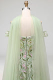 A Line Floral Dusty Sage Neck Scarf Long Prom Dress with Slit