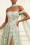 A Line Floral Dusty Sage Neck Scarf Long Prom Dress with Slit