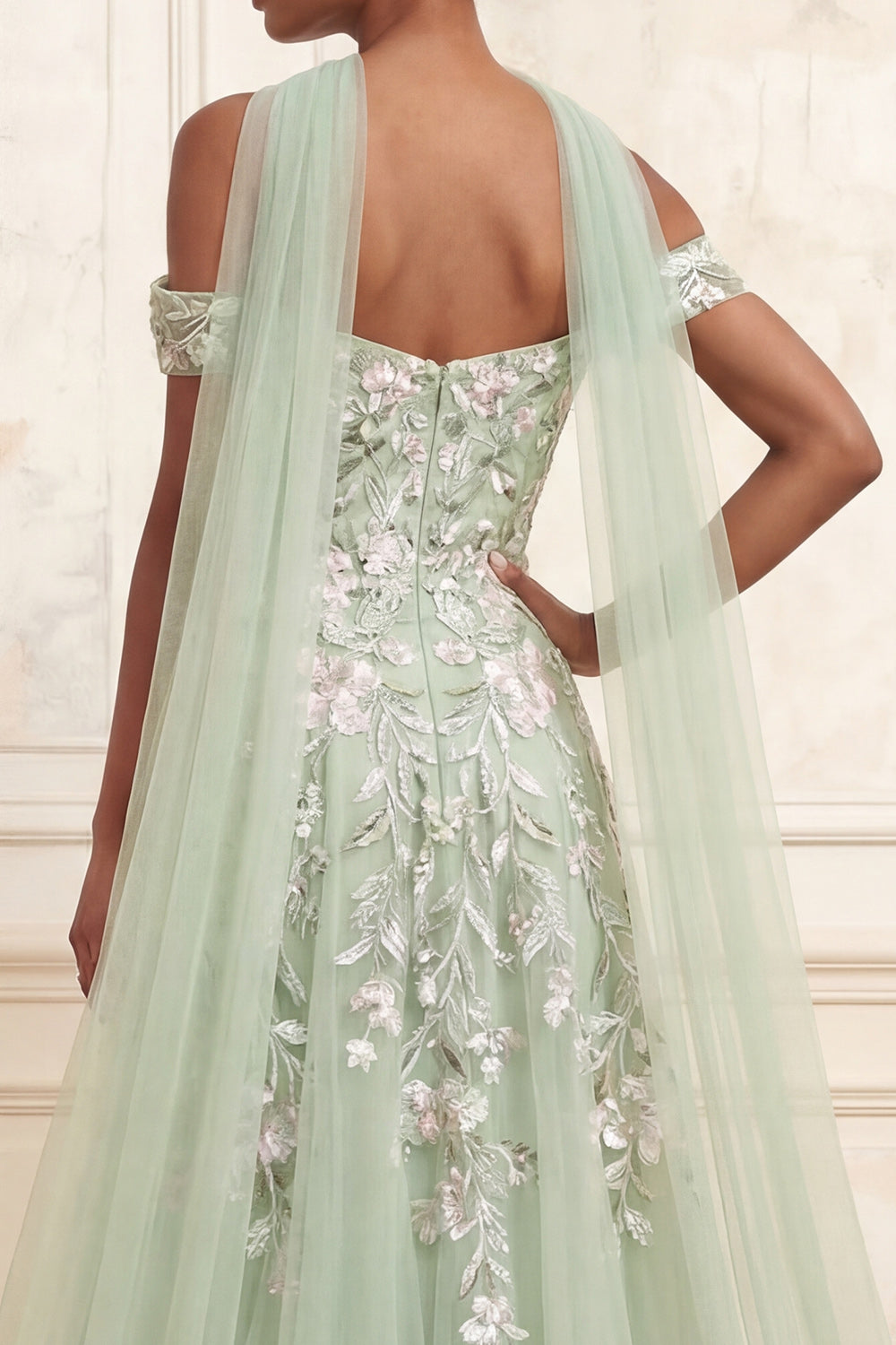 A Line Floral Dusty Sage Neck Scarf Long Prom Dress with Slit