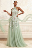 Floral Dusty Sage Halter Long A Line Prom Dress with Cape