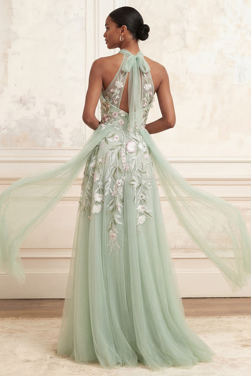 Floral Dusty Sage Halter Long A Line Prom Dress with Cape