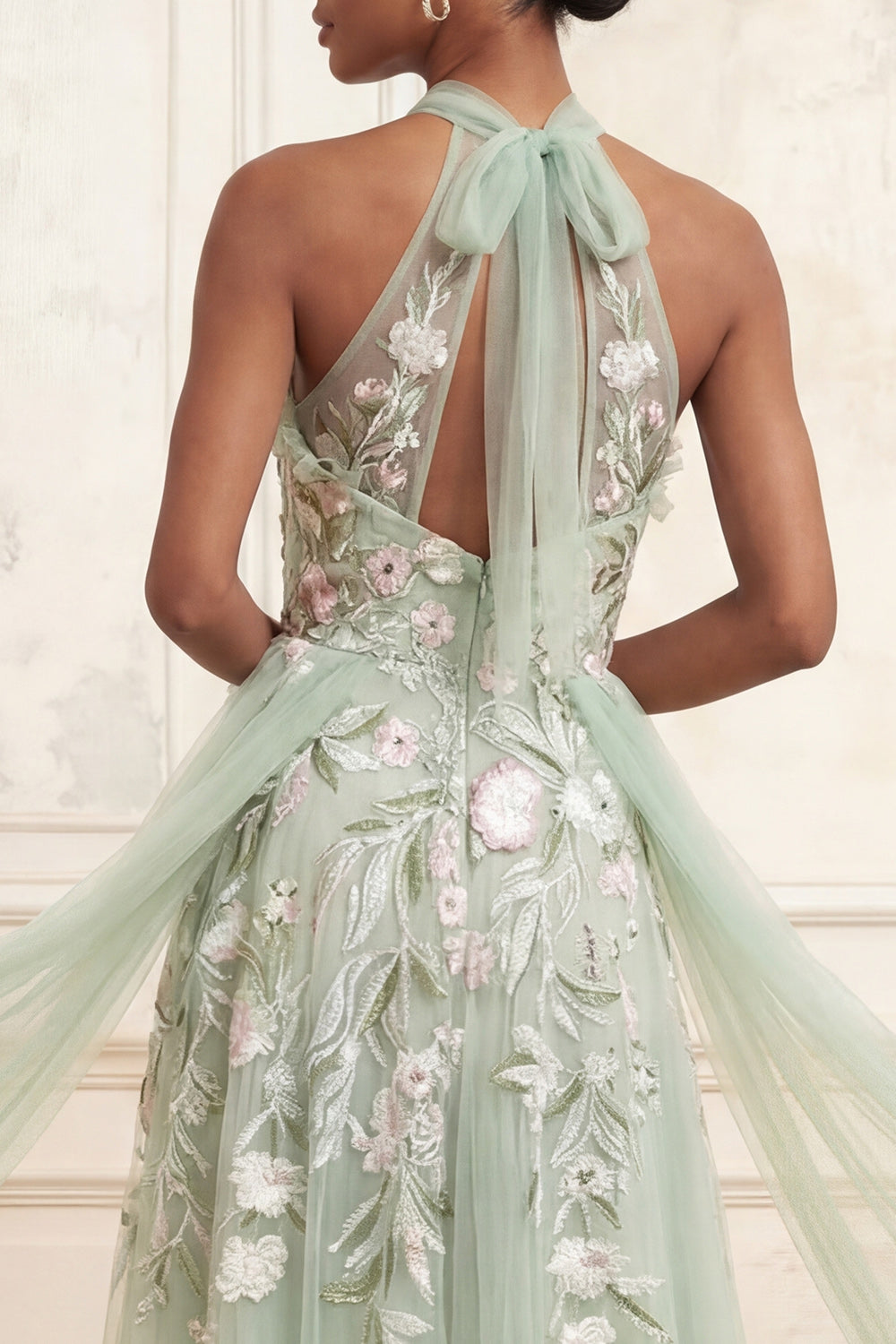 Floral Dusty Sage Halter Long A Line Prom Dress with Cape