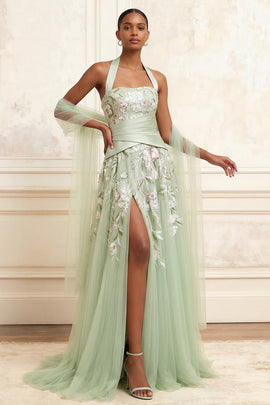 Halter Ruched A Line Floral Dusty Sage Long Prom Dress with Shawl