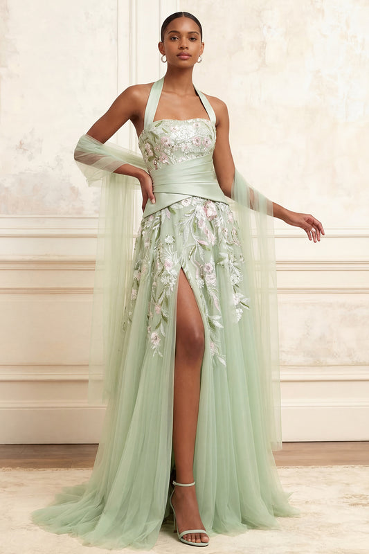 Halter Ruched A Line Floral Dusty Sage Long Prom Dress with Shawl