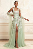 Halter Ruched A Line Floral Dusty Sage Long Prom Dress with Shawl