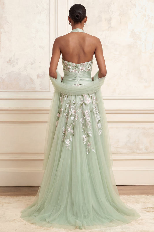 Halter Ruched A Line Floral Dusty Sage Long Prom Dress with Shawl