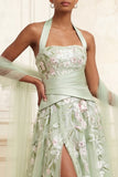 Halter Ruched A Line Floral Dusty Sage Long Prom Dress with Shawl
