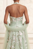 Halter Ruched A Line Floral Dusty Sage Long Prom Dress with Shawl