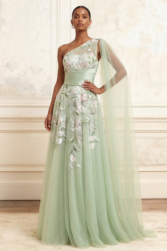 Long Floral Dusty Sage Ruched A Line Prom Dress with Side Cape