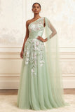 Long Floral Dusty Sage Ruched A Line Prom Dress with Side Cape