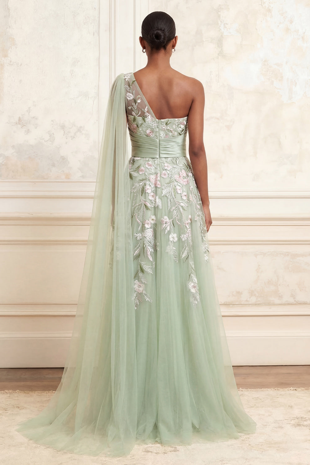 Long Floral Dusty Sage Ruched A Line Prom Dress with Side Cape
