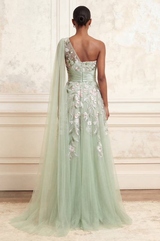 Long Floral Dusty Sage Ruched A Line Prom Dress with Side Cape