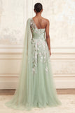 Long Floral Dusty Sage Ruched A Line Prom Dress with Side Cape