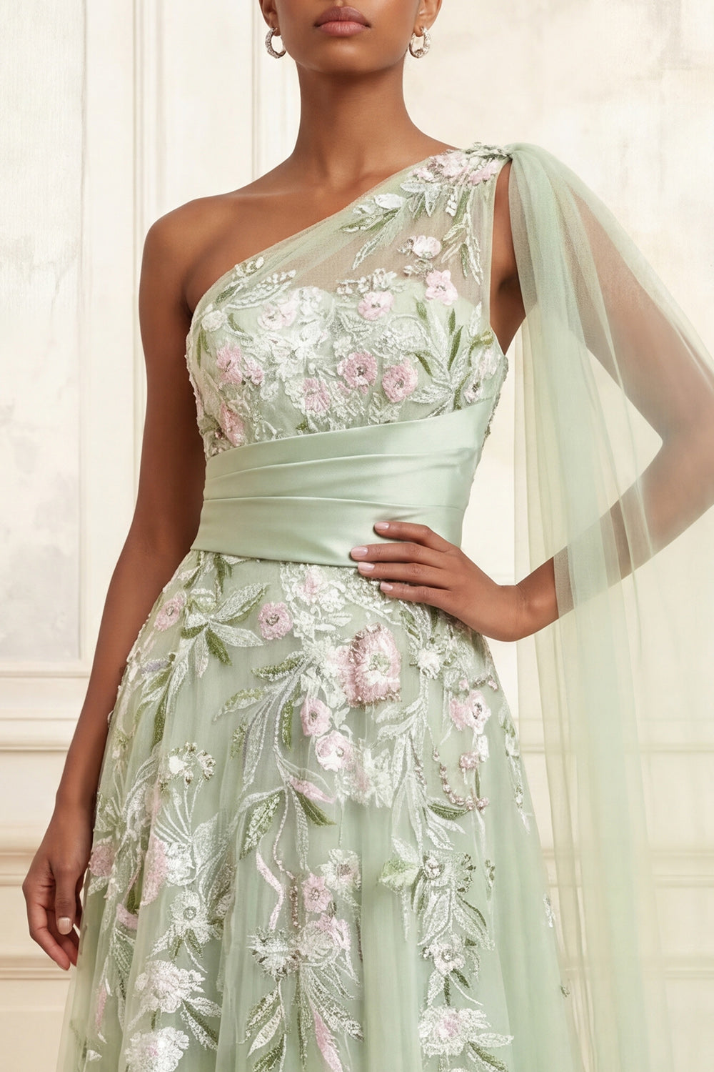 Long Floral Dusty Sage Ruched A Line Prom Dress with Side Cape