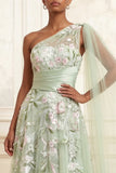 Long Floral Dusty Sage Ruched A Line Prom Dress with Side Cape