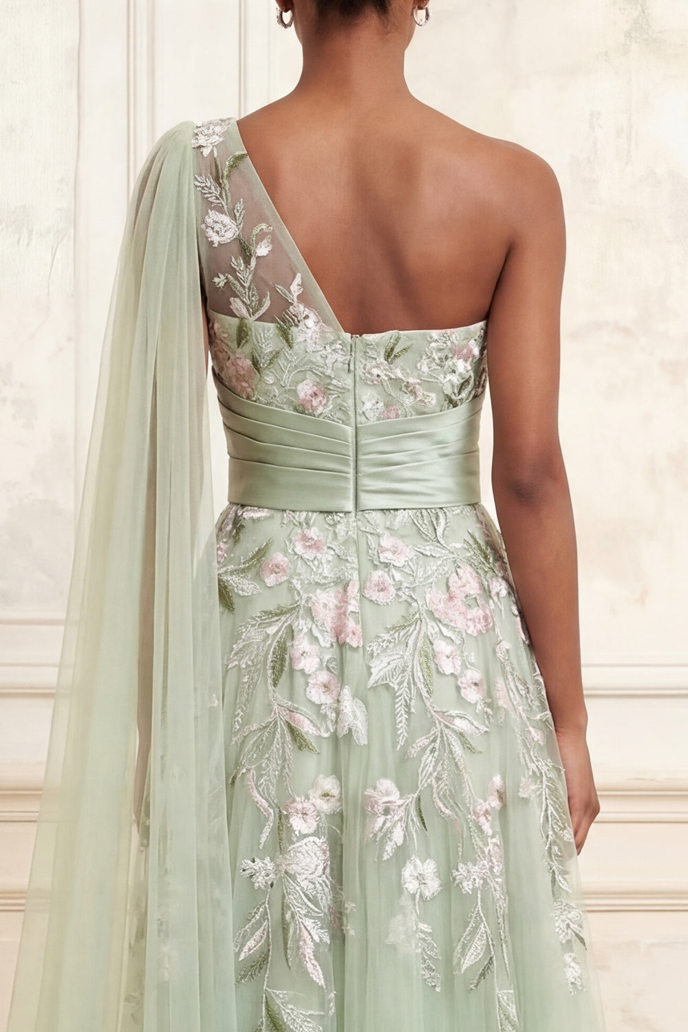 Long Floral Dusty Sage Ruched A Line Prom Dress with Side Cape