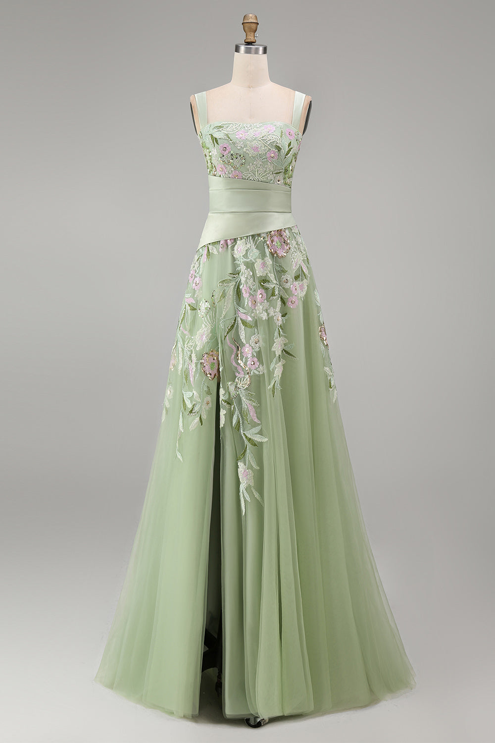 Ruched A Line Floral Dusty Sage Square Neck Long Prom Dress with Slit