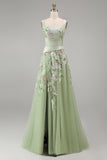 Ruched A Line Floral Dusty Sage Square Neck Long Prom Dress with Slit