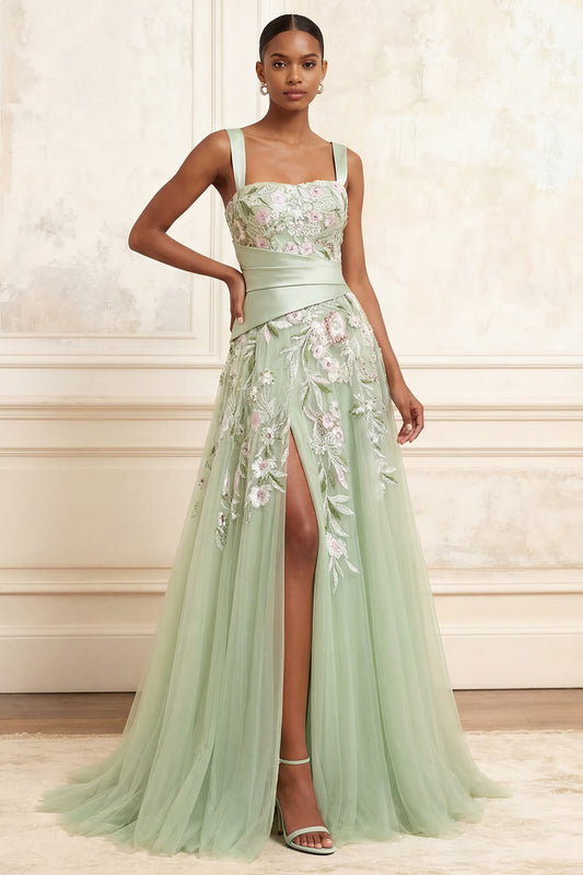 Ruched A Line Floral Dusty Sage Square Neck Long Prom Dress with Slit