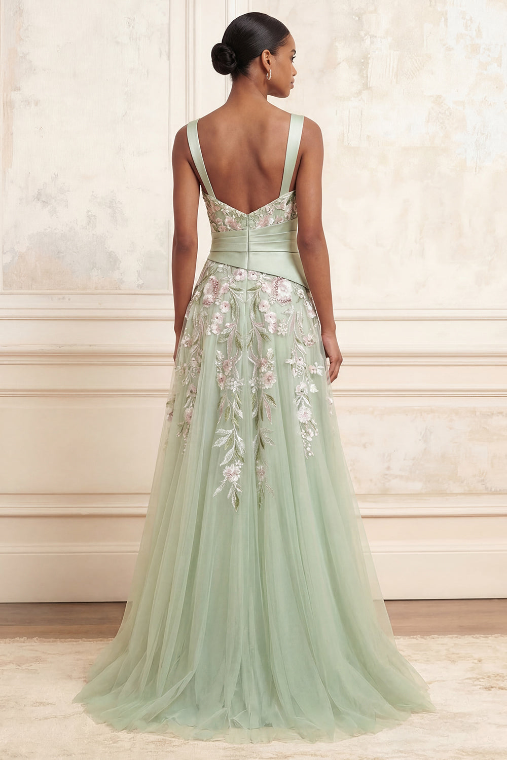 Ruched A Line Floral Dusty Sage Square Neck Long Prom Dress with Slit
