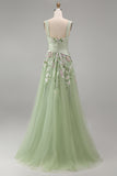 Ruched A Line Floral Dusty Sage Square Neck Long Prom Dress with Slit