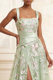 Ruched A Line Floral Dusty Sage Square Neck Long Prom Dress with Slit