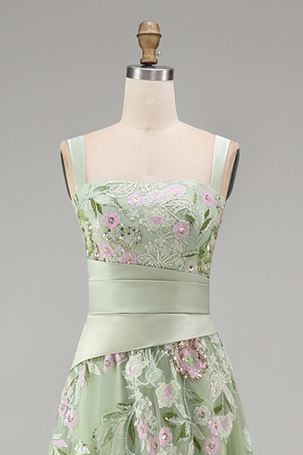 Ruched A Line Floral Dusty Sage Square Neck Long Prom Dress with Slit