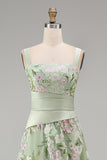 Ruched A Line Floral Dusty Sage Square Neck Long Prom Dress with Slit