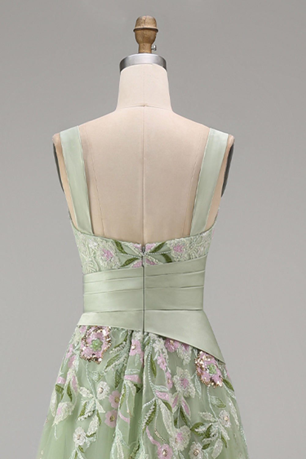 Ruched A Line Floral Dusty Sage Square Neck Long Prom Dress with Slit