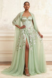 Corset Ruffled Floral Dusty Sage Long A Line Prom Dress with Shawl