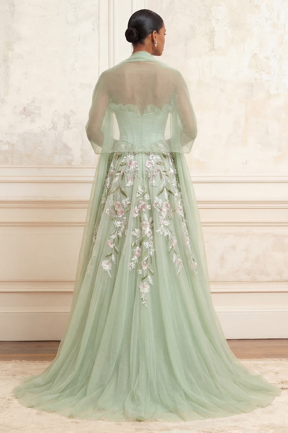 Corset Ruffled Floral Dusty Sage Long A Line Prom Dress with Shawl