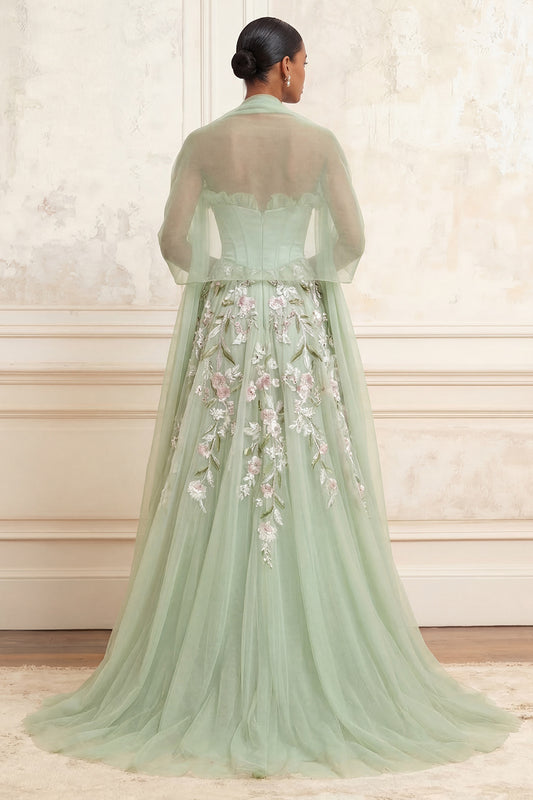Corset Ruffled Floral Dusty Sage Long A Line Prom Dress with Shawl