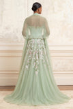 Corset Ruffled Floral Dusty Sage Long A Line Prom Dress with Shawl