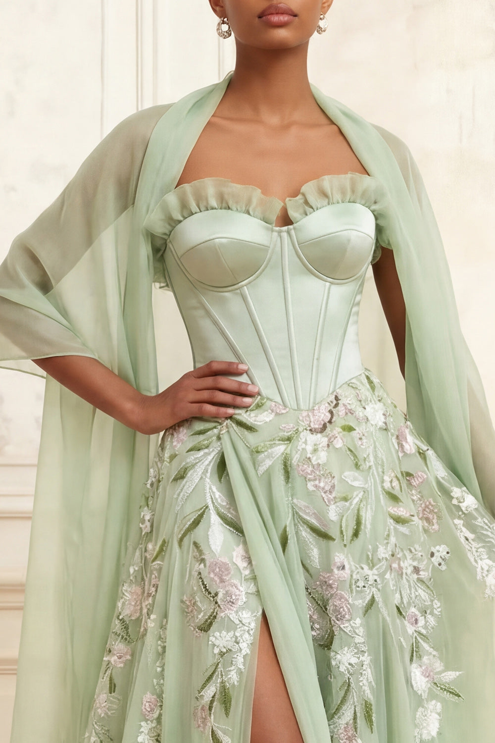 Corset Ruffled Floral Dusty Sage Long A Line Prom Dress with Shawl