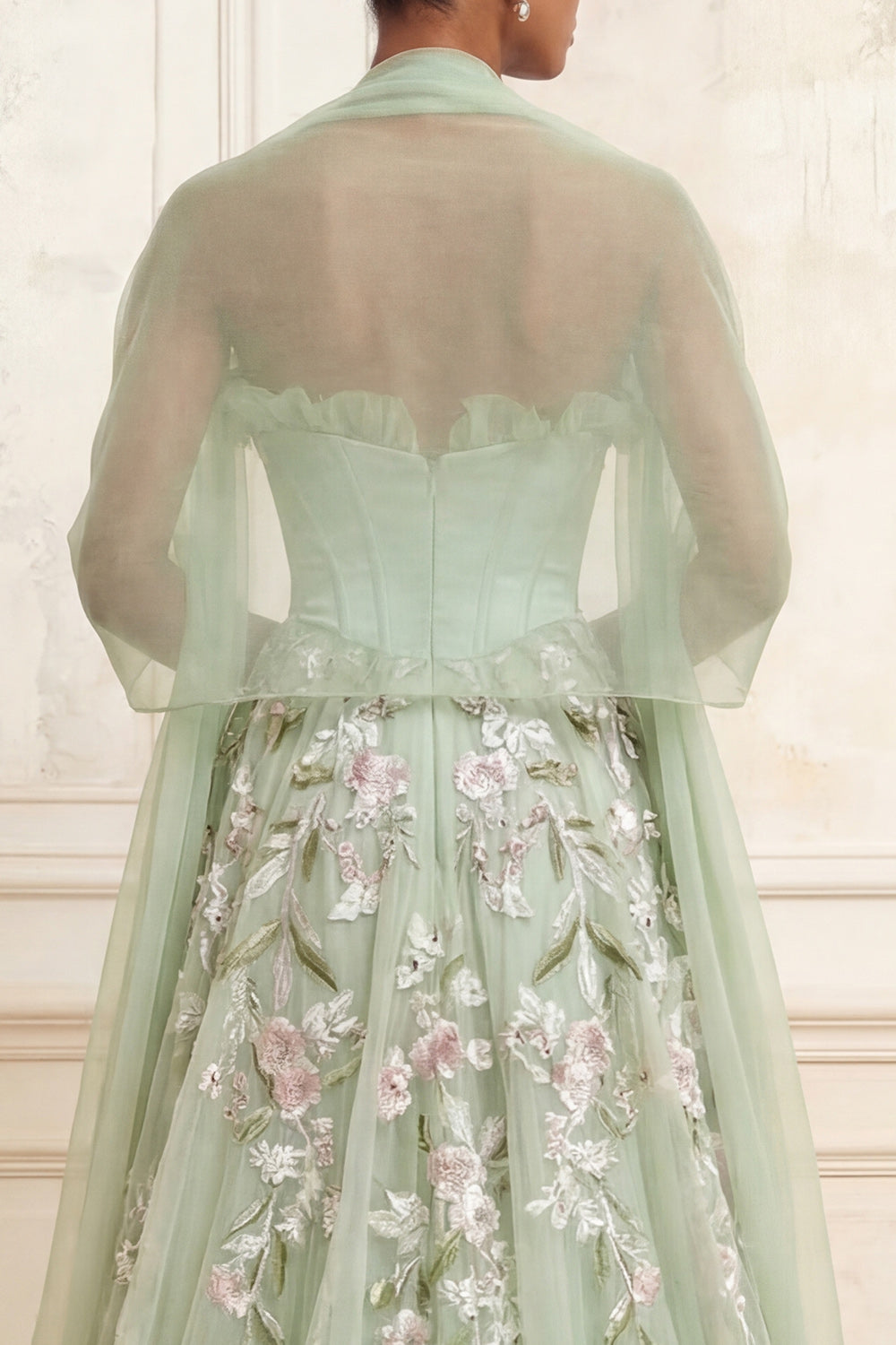 Corset Ruffled Floral Dusty Sage Long A Line Prom Dress with Shawl