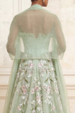 Corset Ruffled Floral Dusty Sage Long A Line Prom Dress with Shawl