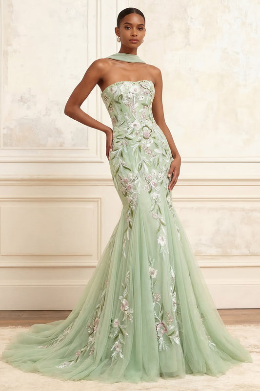 Mermaid Strapless Floral Dusty Sage Neck Scarf Long Prom Dress