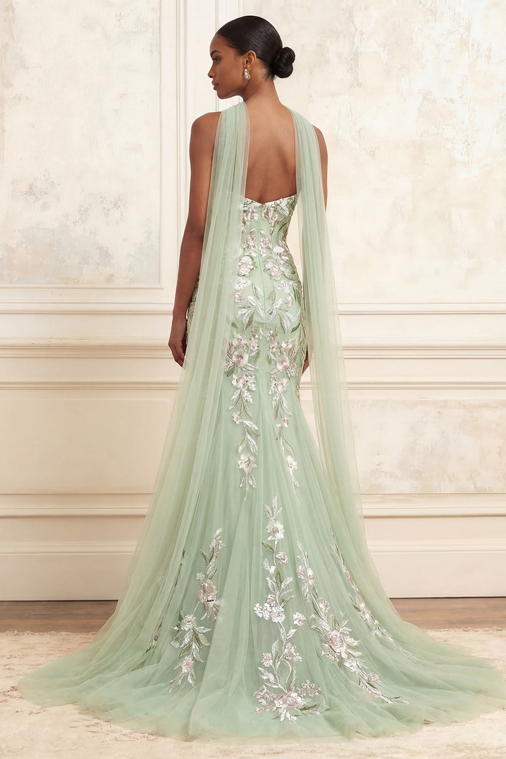 Mermaid Strapless Floral Dusty Sage Neck Scarf Long Prom Dress