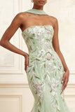 Mermaid Strapless Floral Dusty Sage Neck Scarf Long Prom Dress