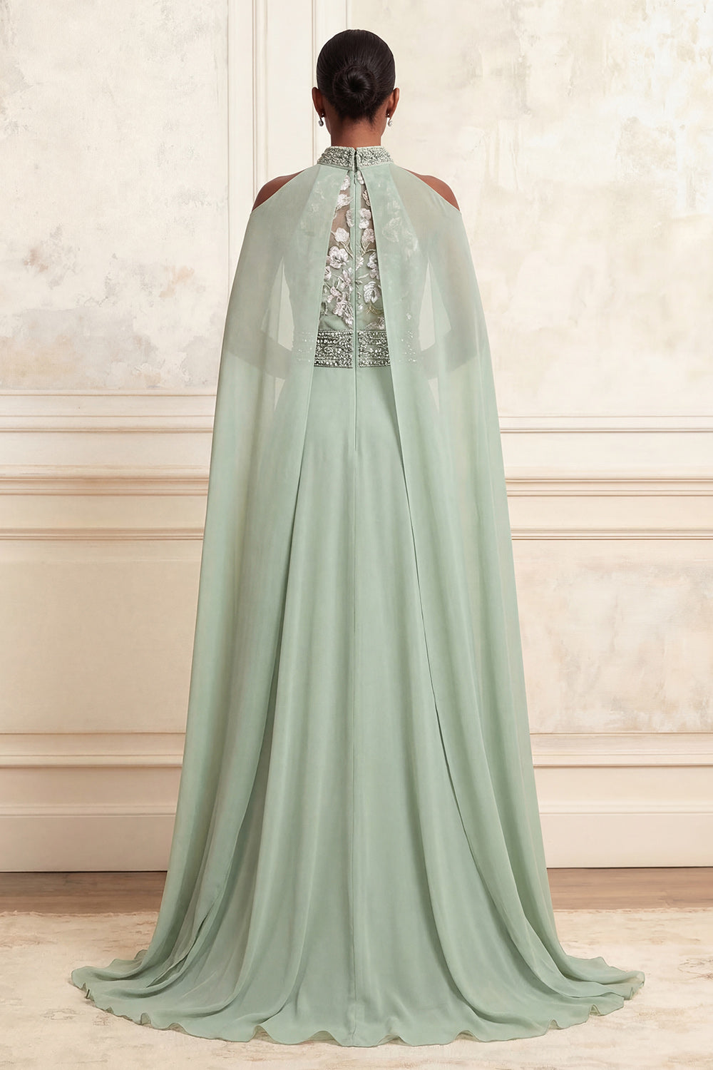 Floral Dusty Sage Beaded High Neck Long A Line Prom Dress with Cape