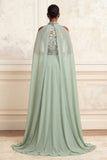 Floral Dusty Sage Beaded High Neck Long A Line Prom Dress with Cape