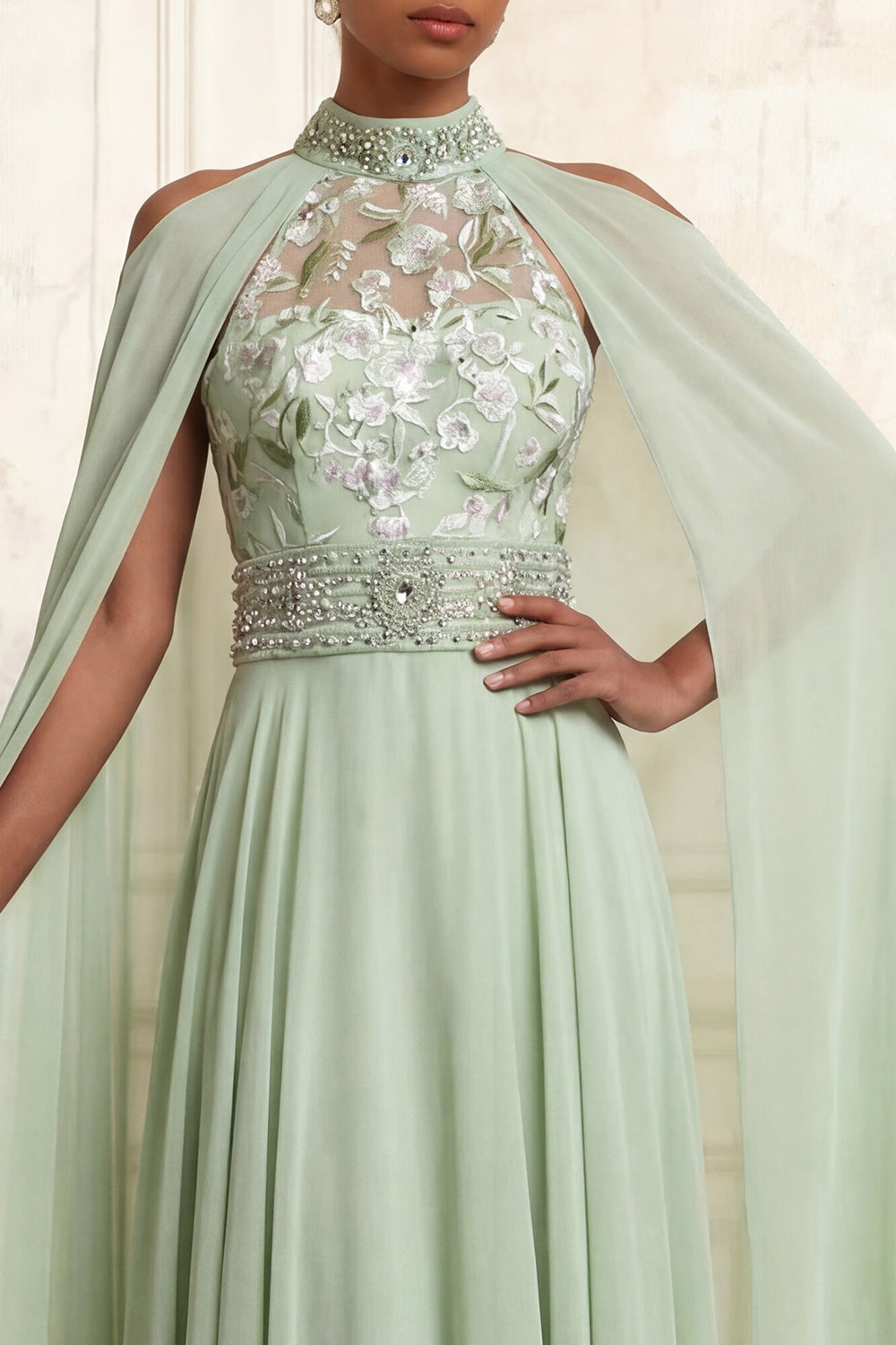Floral Dusty Sage Beaded High Neck Long A Line Prom Dress with Cape