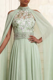 Floral Dusty Sage Beaded High Neck Long A Line Prom Dress with Cape