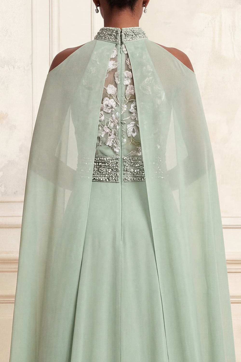 Floral Dusty Sage Beaded High Neck Long A Line Prom Dress with Cape
